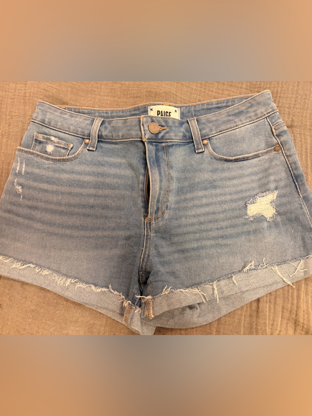 PAIGE Light Blue Distressed Denim Jean Shorts